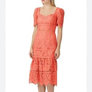 Saylor Louisa Lace Midi Dress Coral Sweetheart Ruffle Short Sleeve Sheath XS